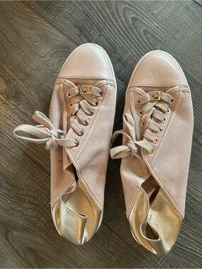 Michael Kors Blush Pink Canvas Sneakers with Gold Heel and Accents